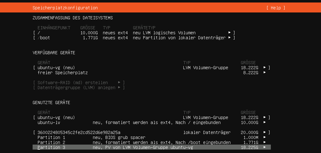 Speicherplatzkonfiguration im Rahmen der Ubuntu-Server-Einrichtung