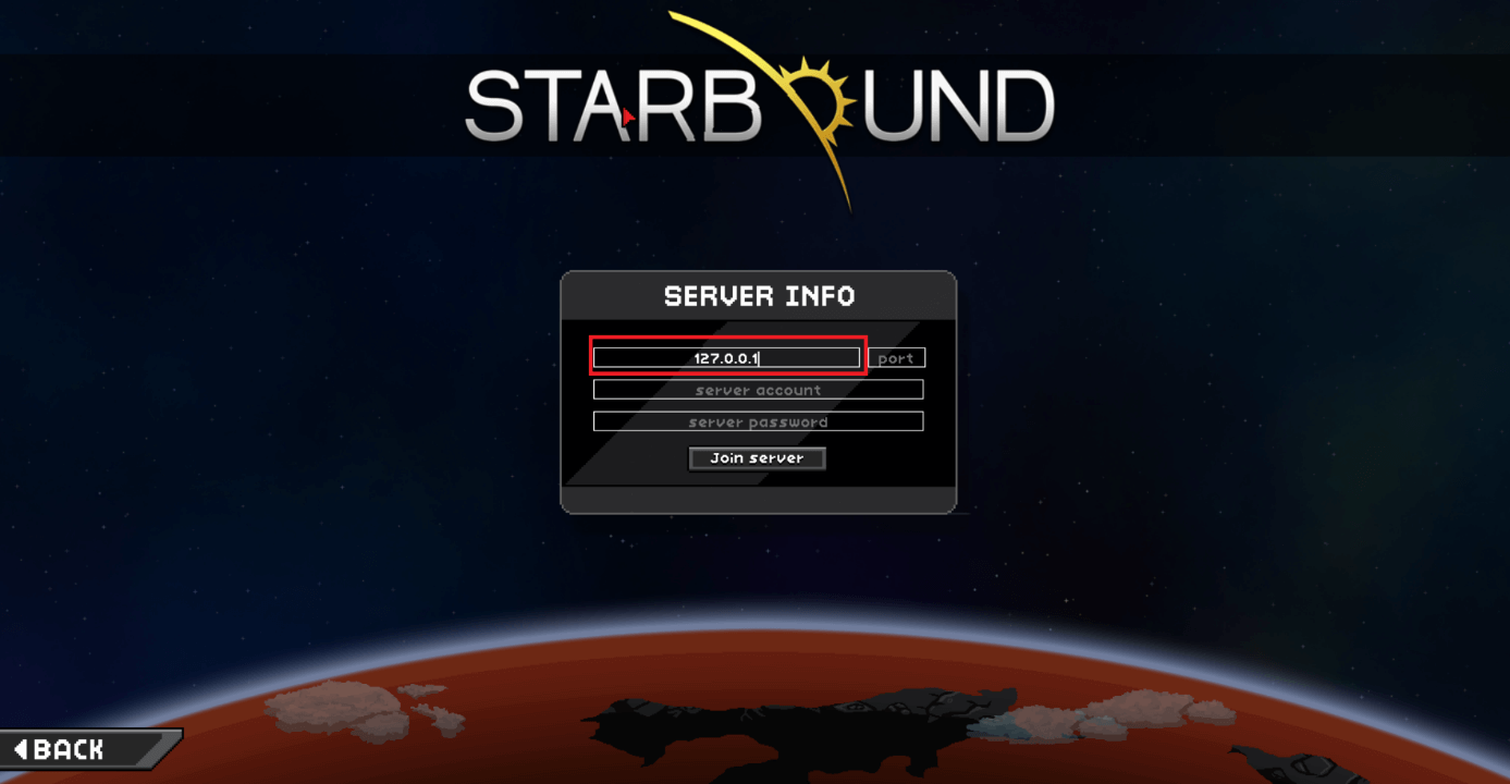Starbound-Fenster, um die Serverdaten einzugeben