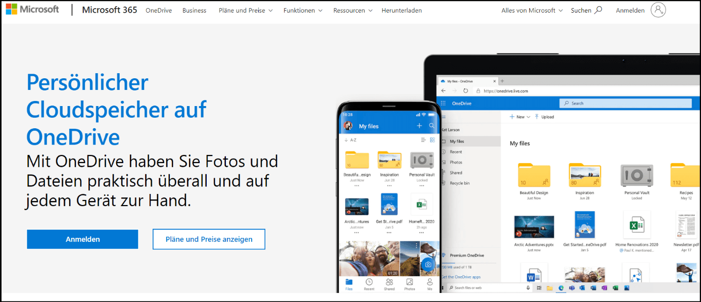 Die Startseite von Microsoft OneDrive