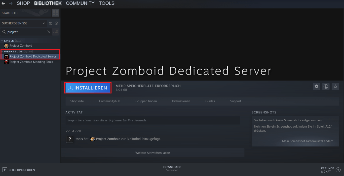Startseite der Project-Zomboid-Dedicated-Server-Anwendung bei Steam