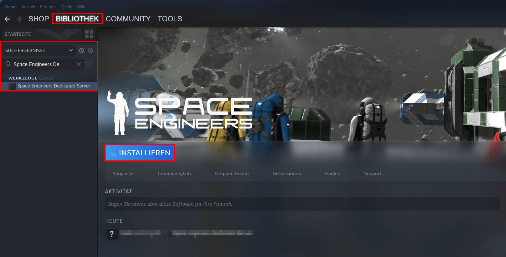 Steam-Client: Installation des Space-Engineers-Dedicated-Servers
