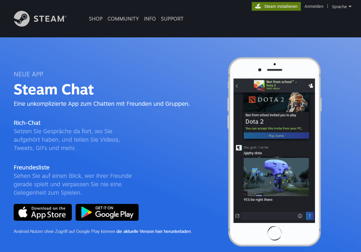 Steam-Shopseite mit Werbung für die Steam-Chat-App