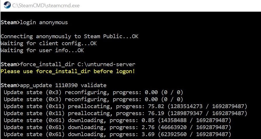 SteamCMD: Installation der Unturned-Server-Software