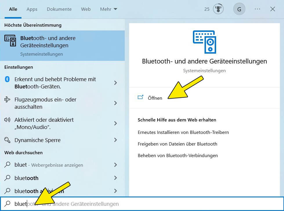 Screenshot Windows 10: Suchleiste und Suchergebnis „Bluetooth- und andere Geräteeinstellungen“
