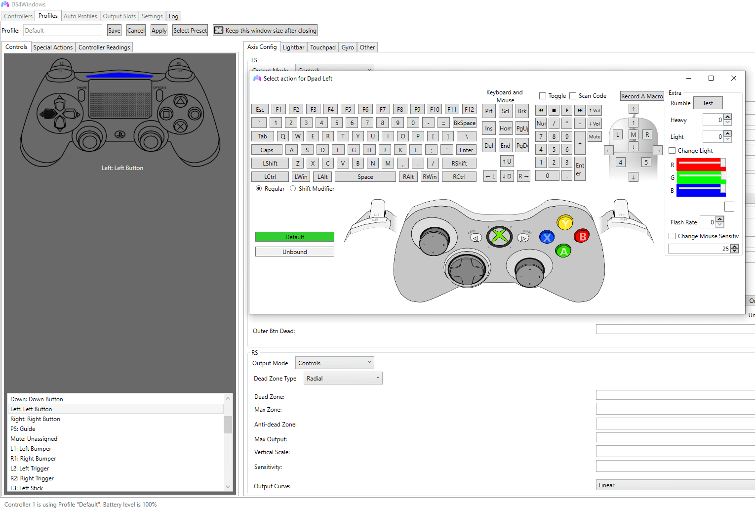 Screenshot der Tastenkonfiguration im DS4-Controller-Menü