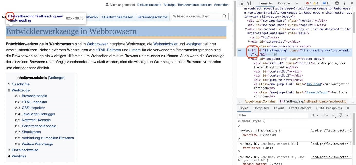 Überschrift mit Element untersuchen analysiert.