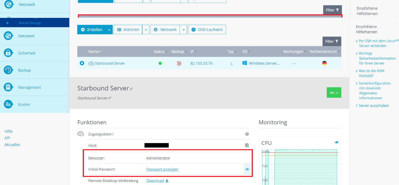 Die Übersicht Ihrer Server- und Zugangsdaten im IONOS Cloud Panel