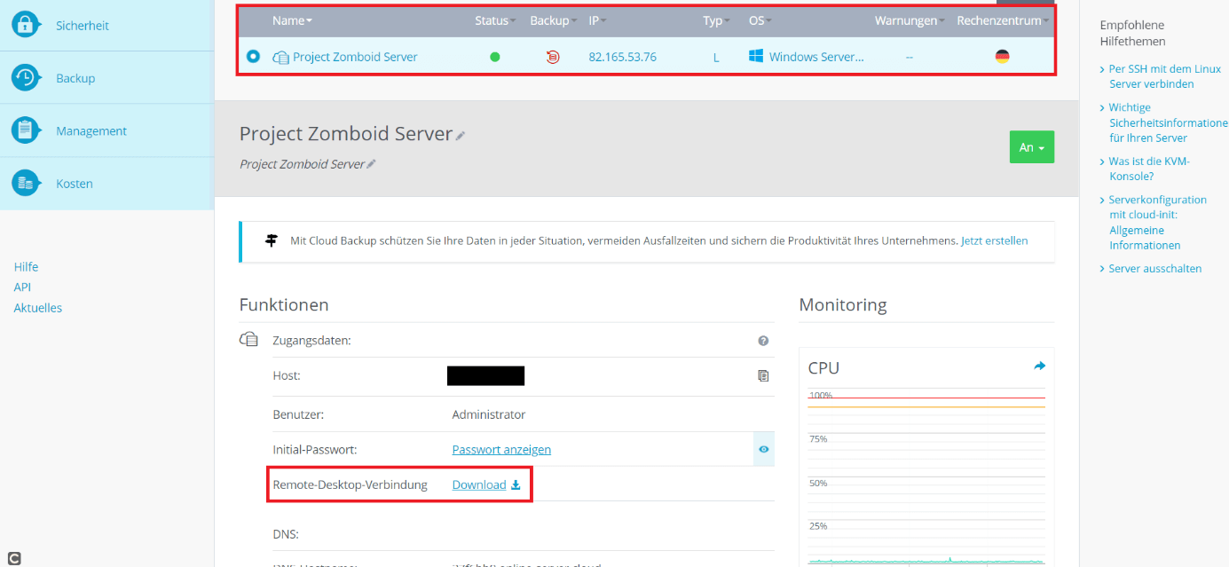 Übersicht Ihrer Server- und Zugangsdaten im IONOS Cloud Panel