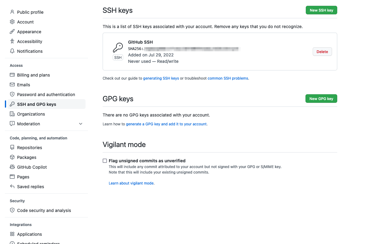 Übersicht der hinzugefügten SSH-Keys in GitHub