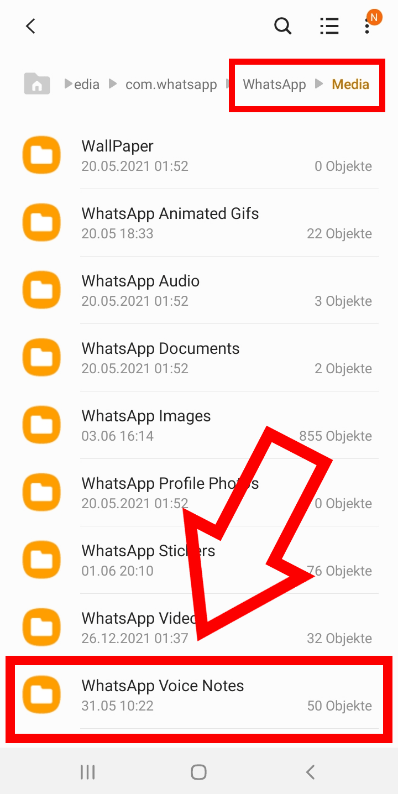 Android-Screenshot des „Media“-Ordners mit Fokus auf dem Unterordner „WhatsApp Voice Notes“
