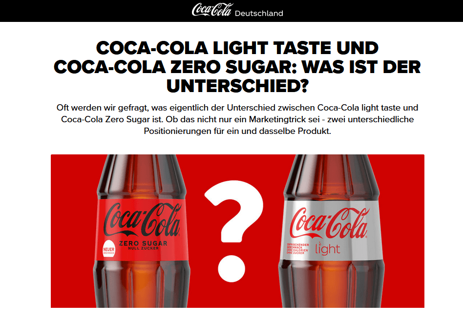 Screenshot eines Berichts über die Unterschiede von Coke Light und Coke Zero