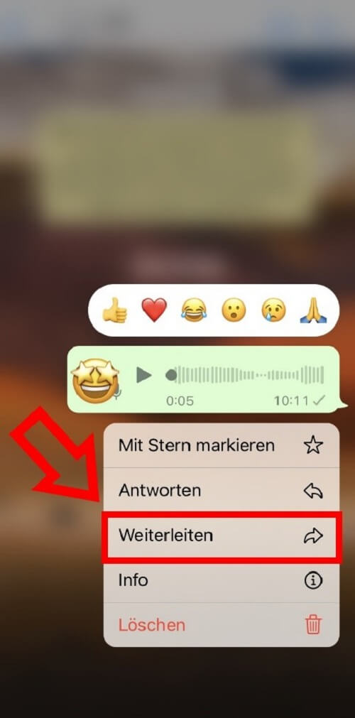 iPhone-Screenshot der „Weiterleiten“-Option in WhatsApp