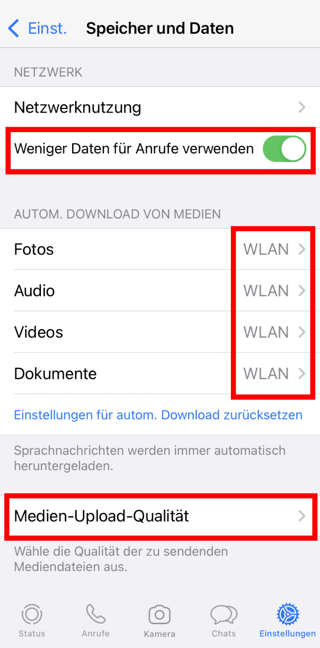 iPhone-Screenshot der „Speicher und Daten“-Optionen in WhatsApp