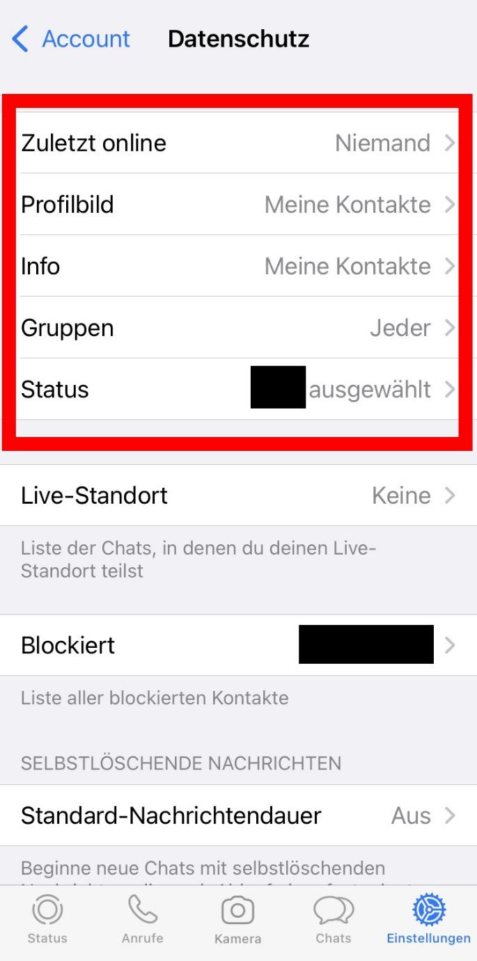 iPhone-Screenshot des Datenschutzbereichs in WhatsApp