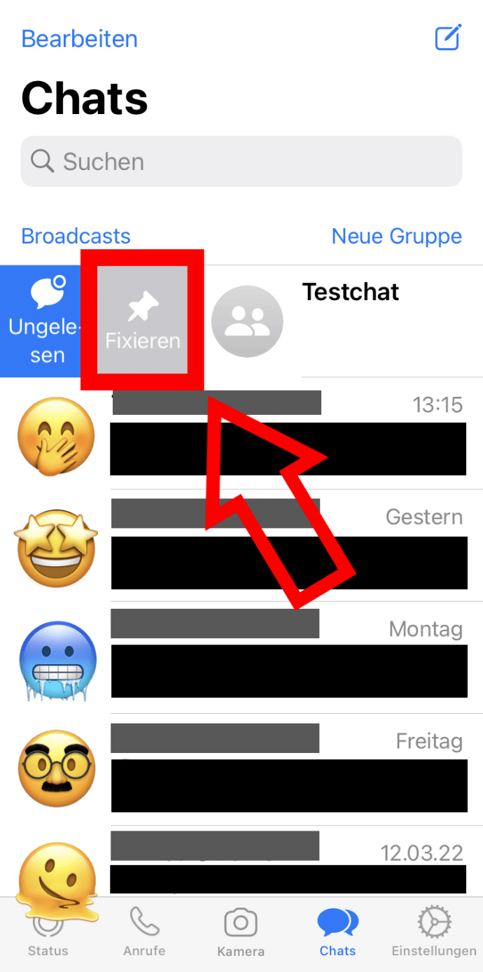 iPhone-Screenshot der WhatsApp-Chatliste mit aufgedeckter „Fixieren“-Funktion