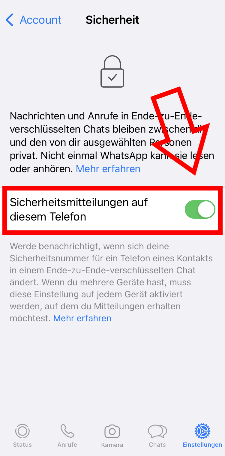 iPhone-Screenshot des Sicherheitsbereichs in den WhatsApp-Accounteinstellungen