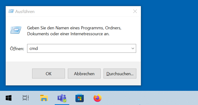 Windows 10: CMD öffnen via „Ausführen“