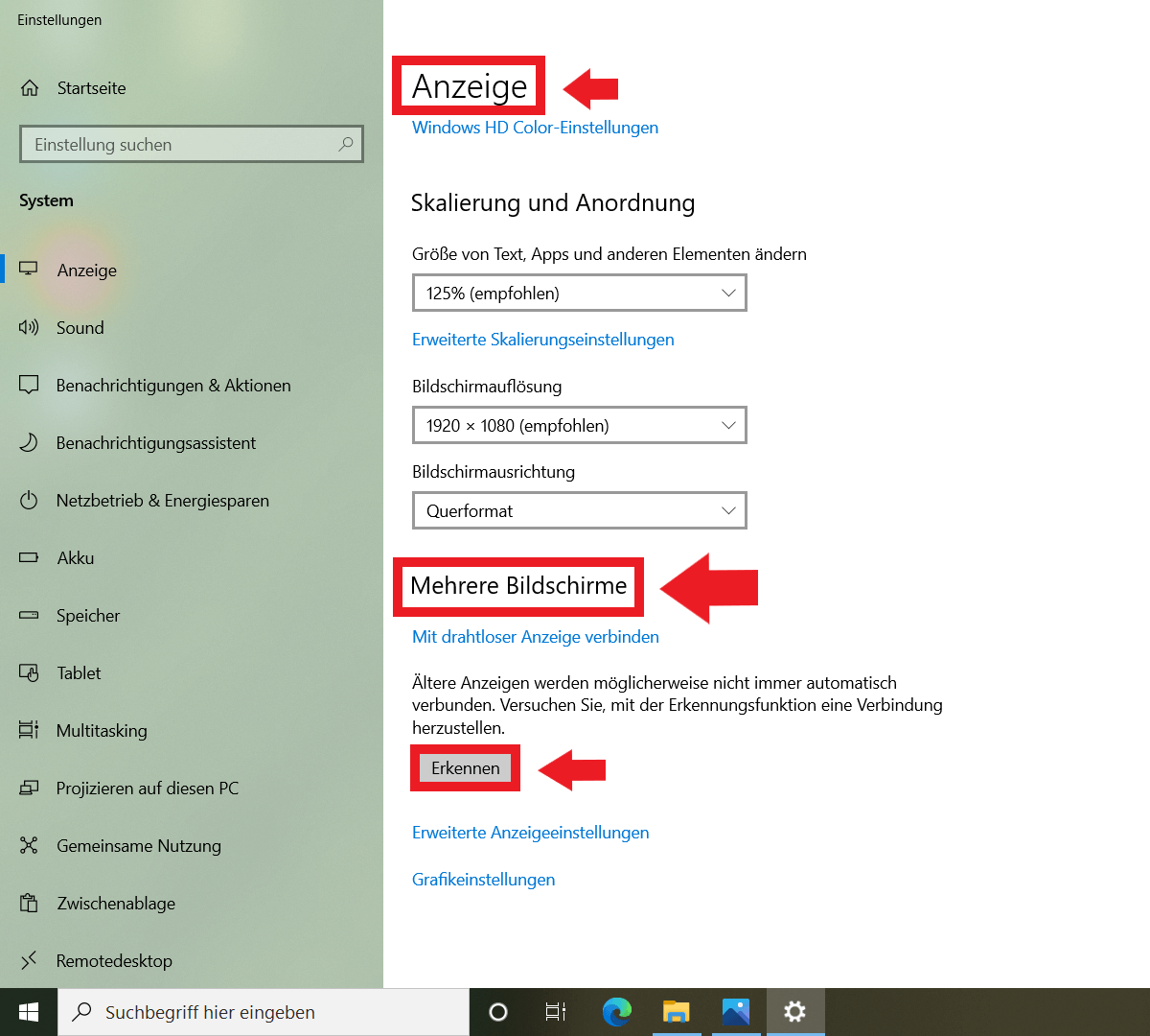 Windows 10: Menü „Einstellungen“ mit Anzeige-Einstellungen und Geräteerkennung