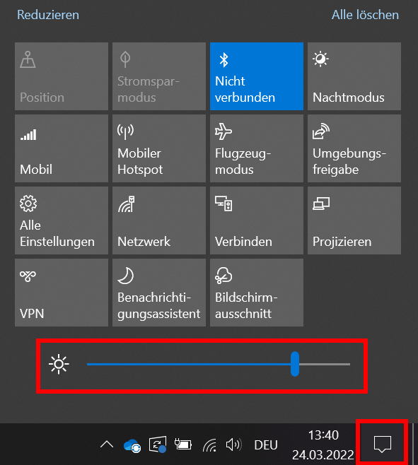 Windows 10 Info-Center: Helligkeit einstellen