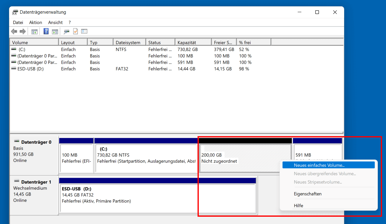 Windows-11-Datenträgerverwaltung: Nicht zugeordneter Speicher
