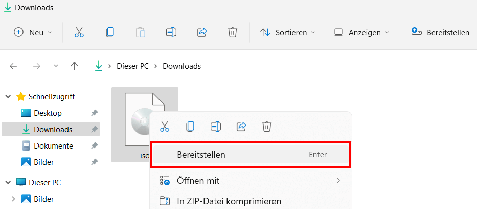 Windows 11: ISO-Datei im Download-Ordner