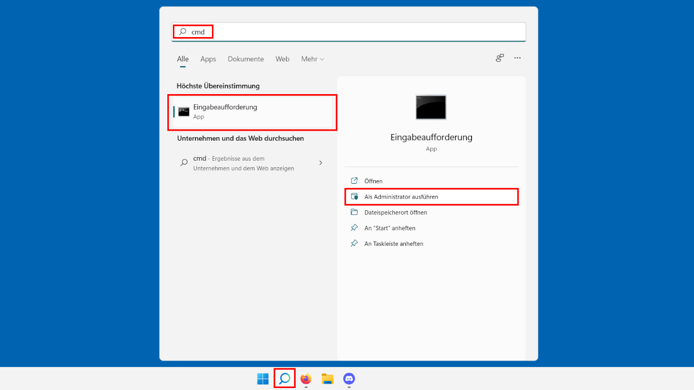 Windows-11-Suchfunktion: Suchresultat für „cmd“