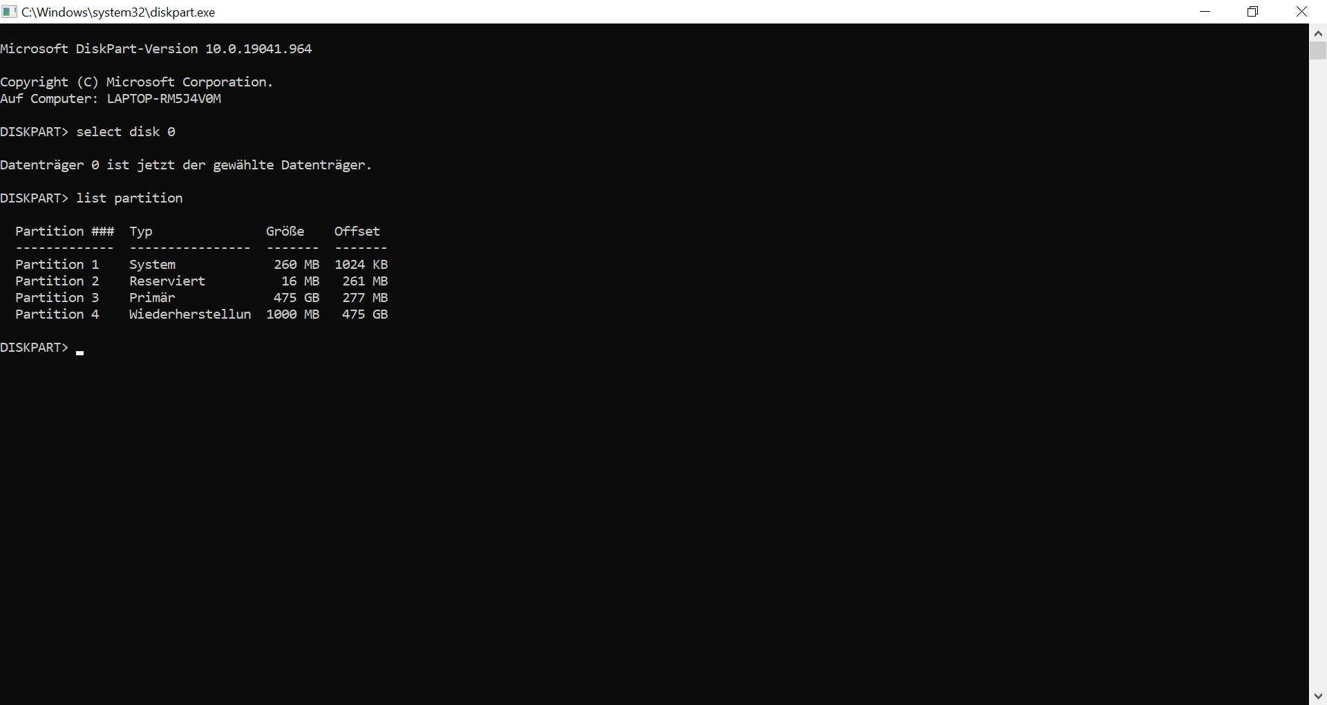 Screenshot des Fensters „C:\Windows\System32\diskpart.exe“