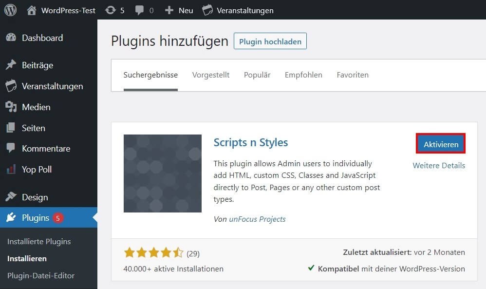 WordPress-Backend: Installation von „Scripts n Styles“