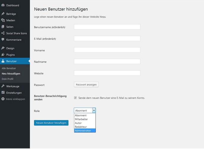 WordPress Dashboard mit der Option „Neuen Benutzer hinzufügen“