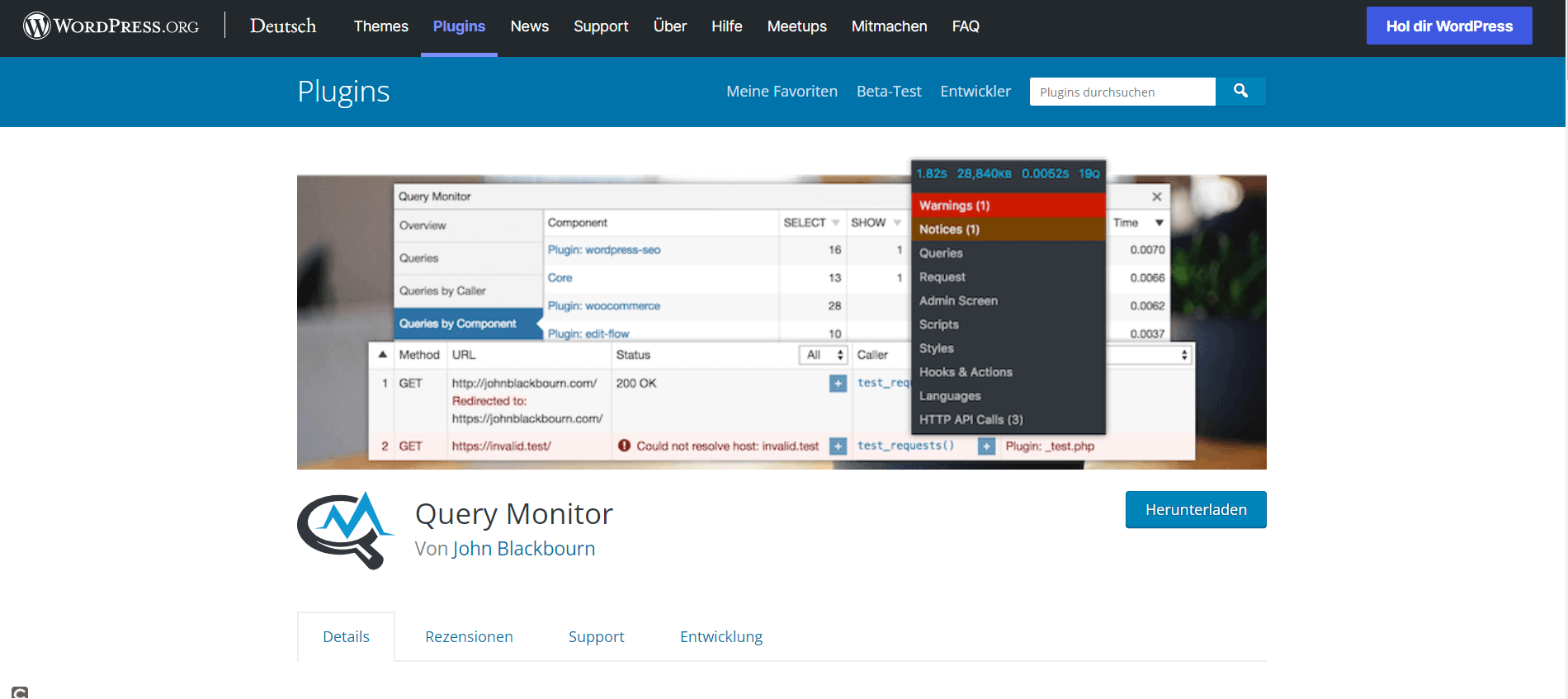 Startseite des Entwickler-Plugins Query Monitor