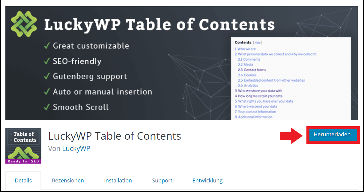 Downloadseite für das Plugin „LuckyWP Table of Contents“