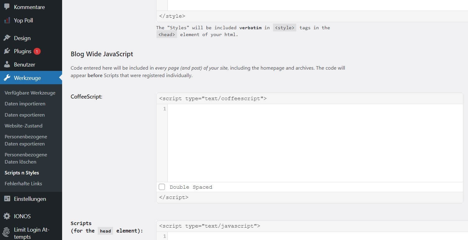 WordPress: JavaScript-Code einfügen mit dem Plugin „Scripts n Styles“
