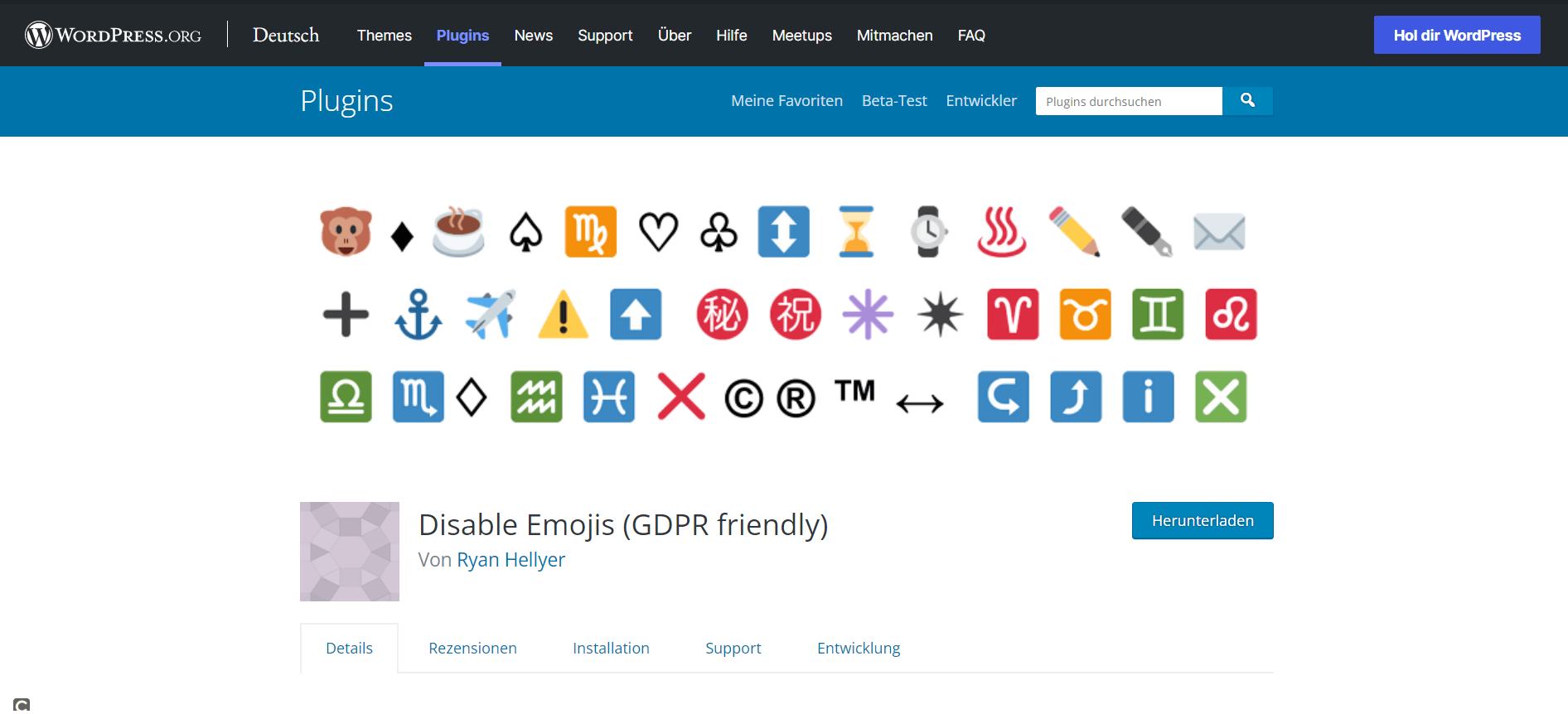 Startseite des Plugins Disable Emojis
