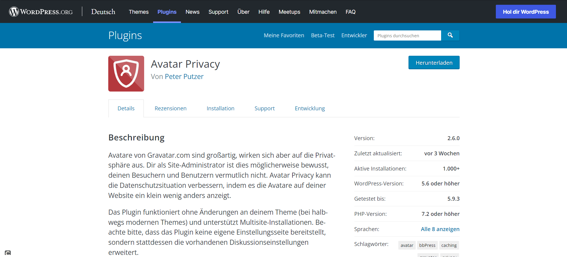 Startseite des WordPress-Plugins Avatar Privacy