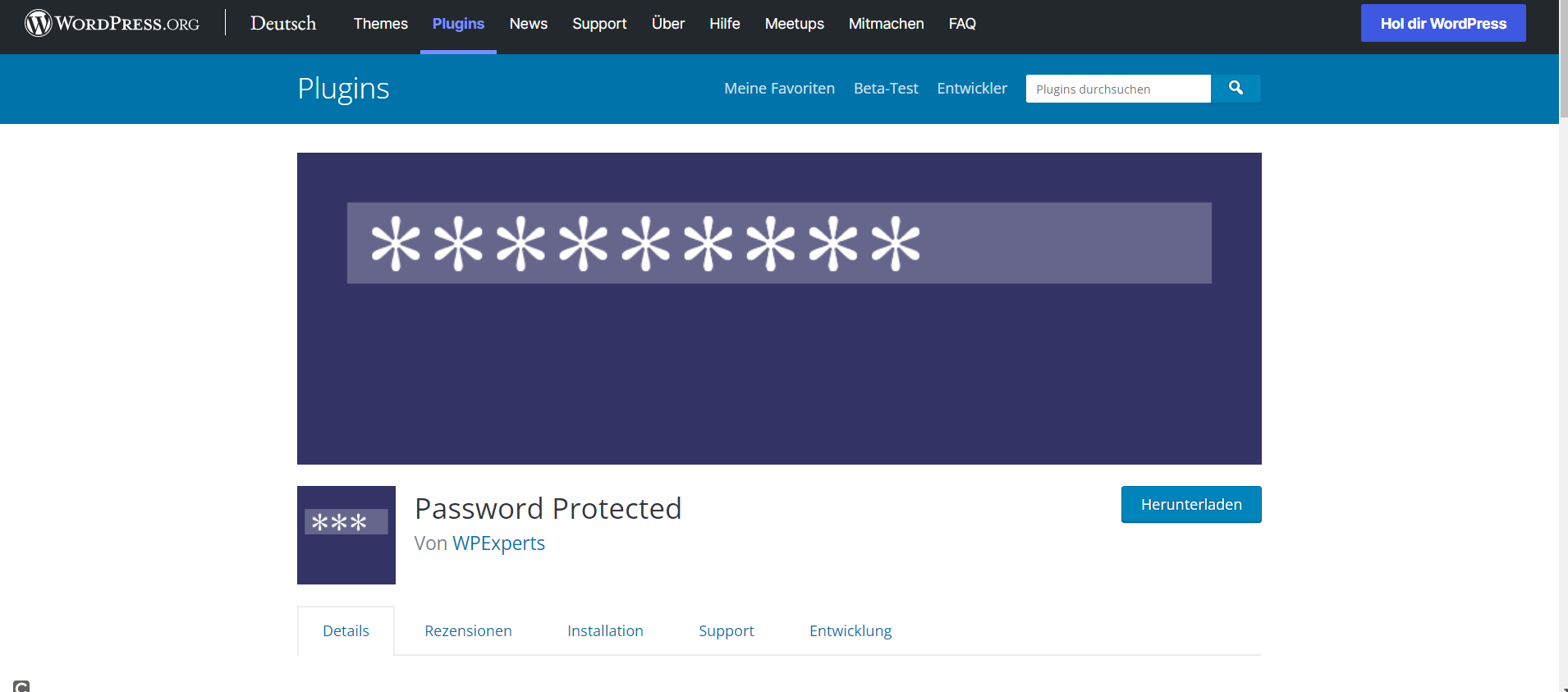 Startseite des Plugins Password Protected