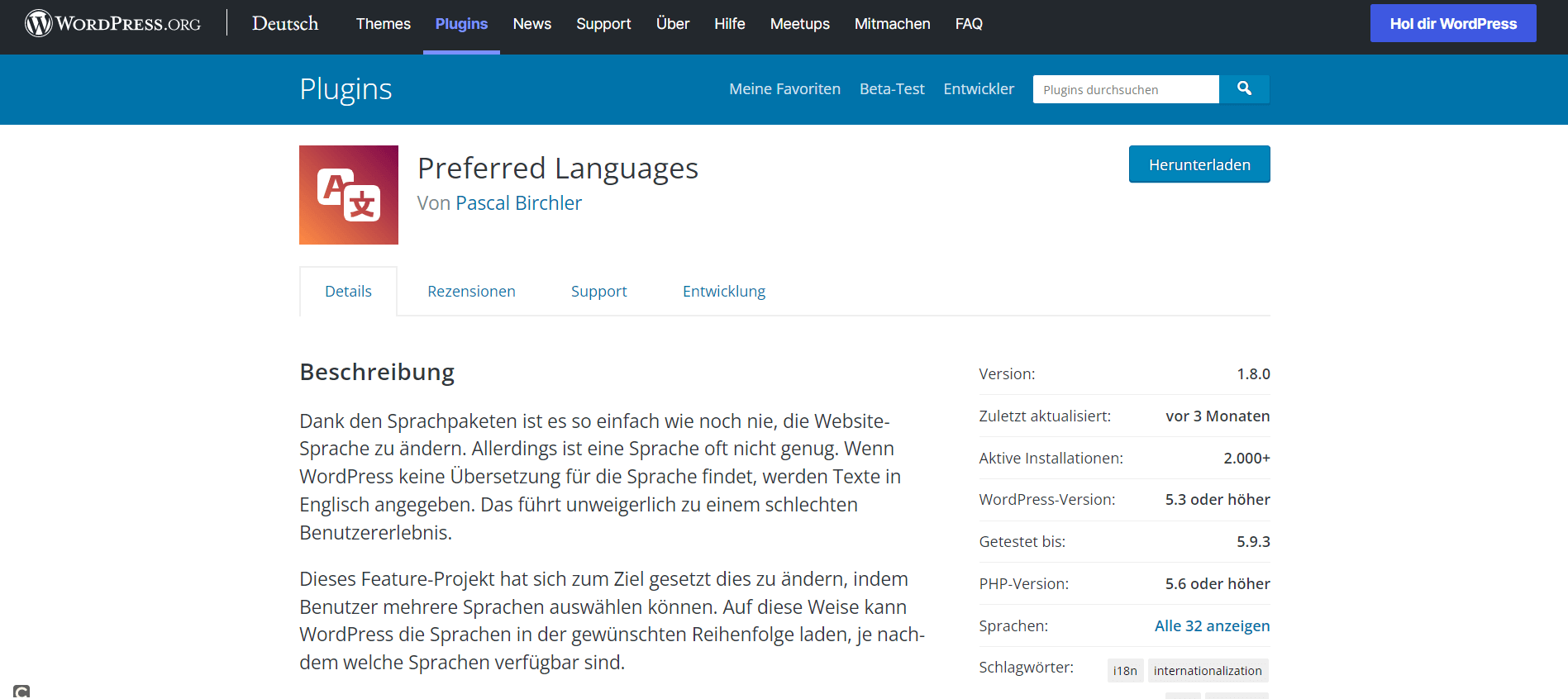 Startseite des WordPress-Plugins Preferred Languages
