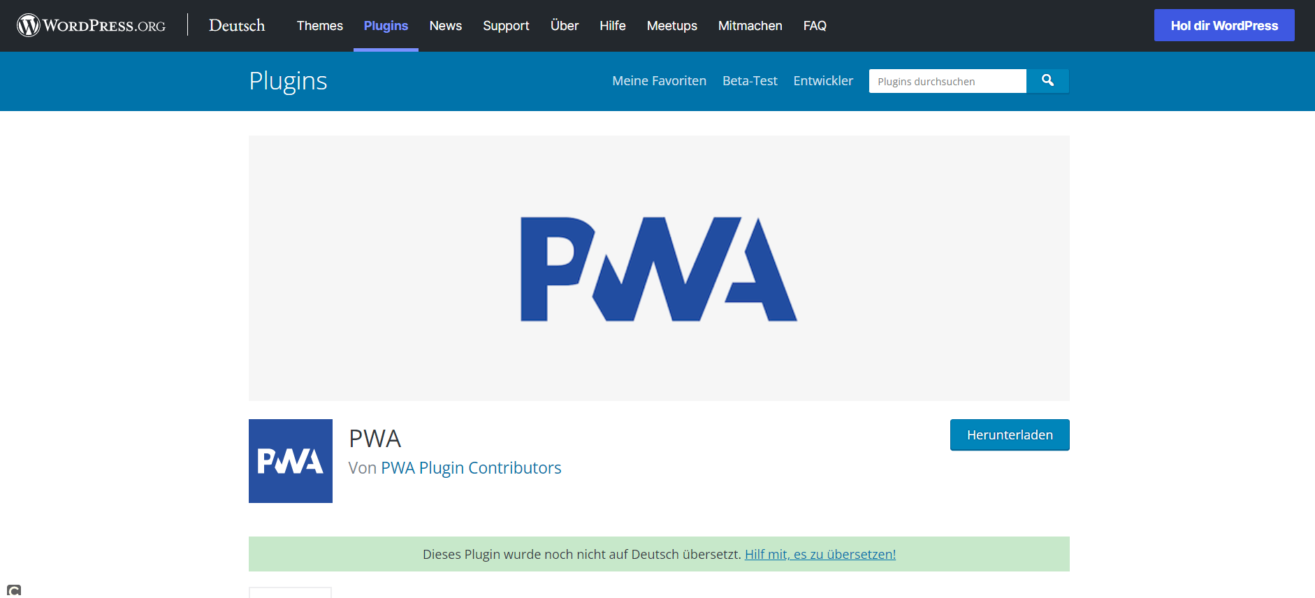 Startseite des Plugins PWA