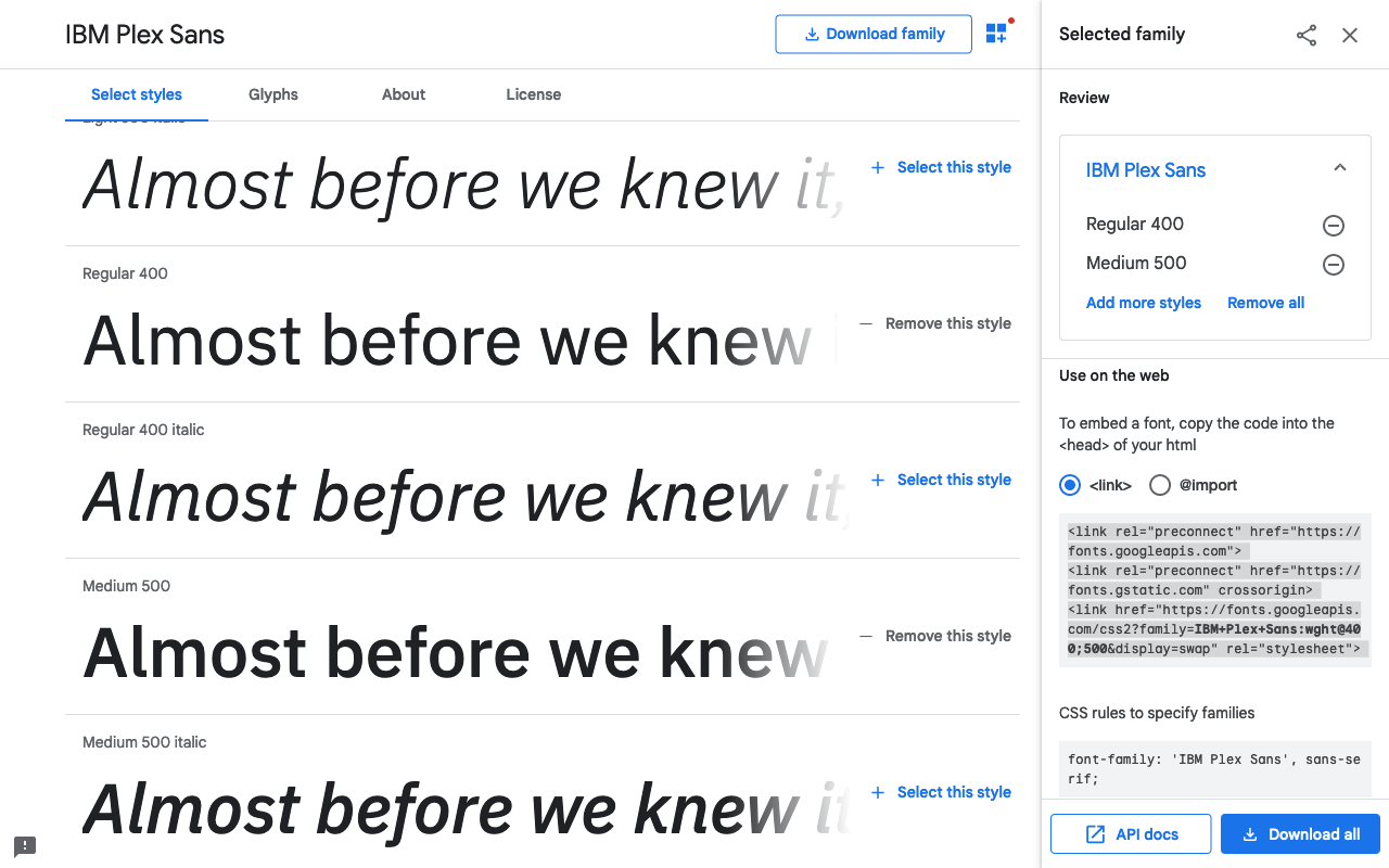 Style-Variationen bei Google Fonts auswählen