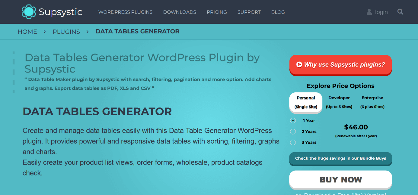 Screenshot der Vorstellungsseite des Tabellen-Plugins „Data Tables Generator“
