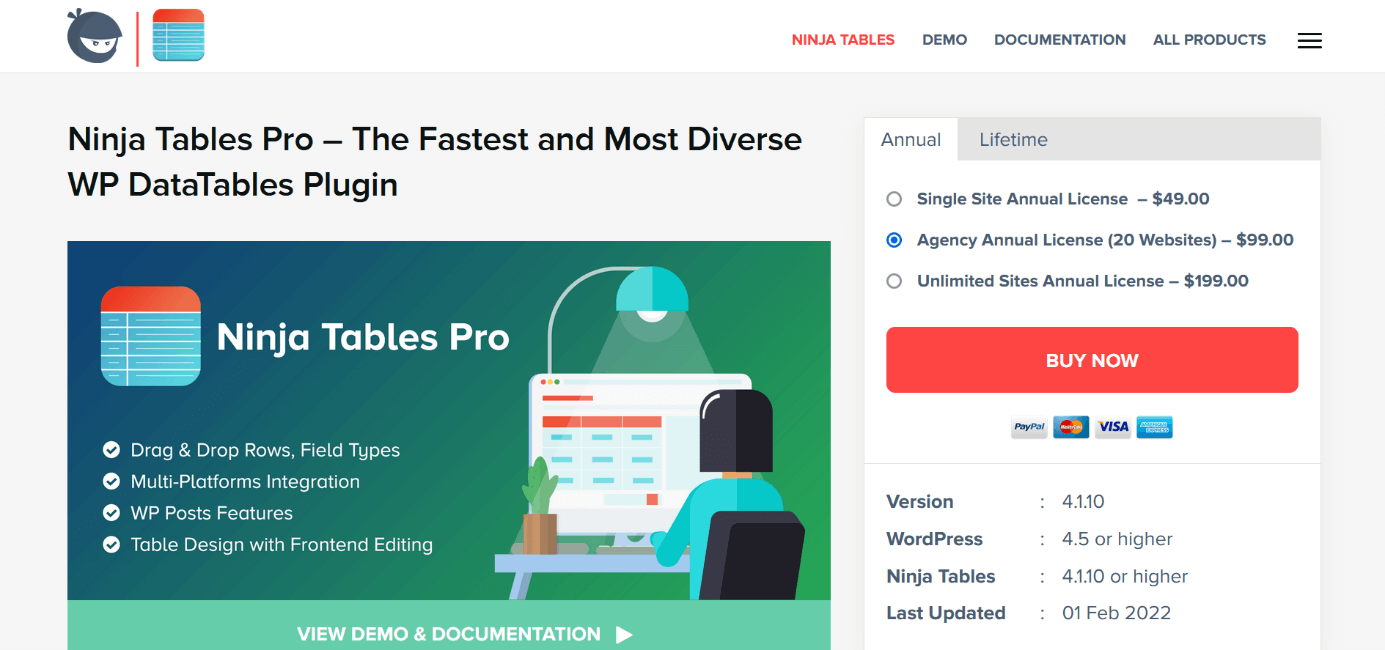 Screenshot der Website des Tabellen-Plugins „Ninja Tables Pro“