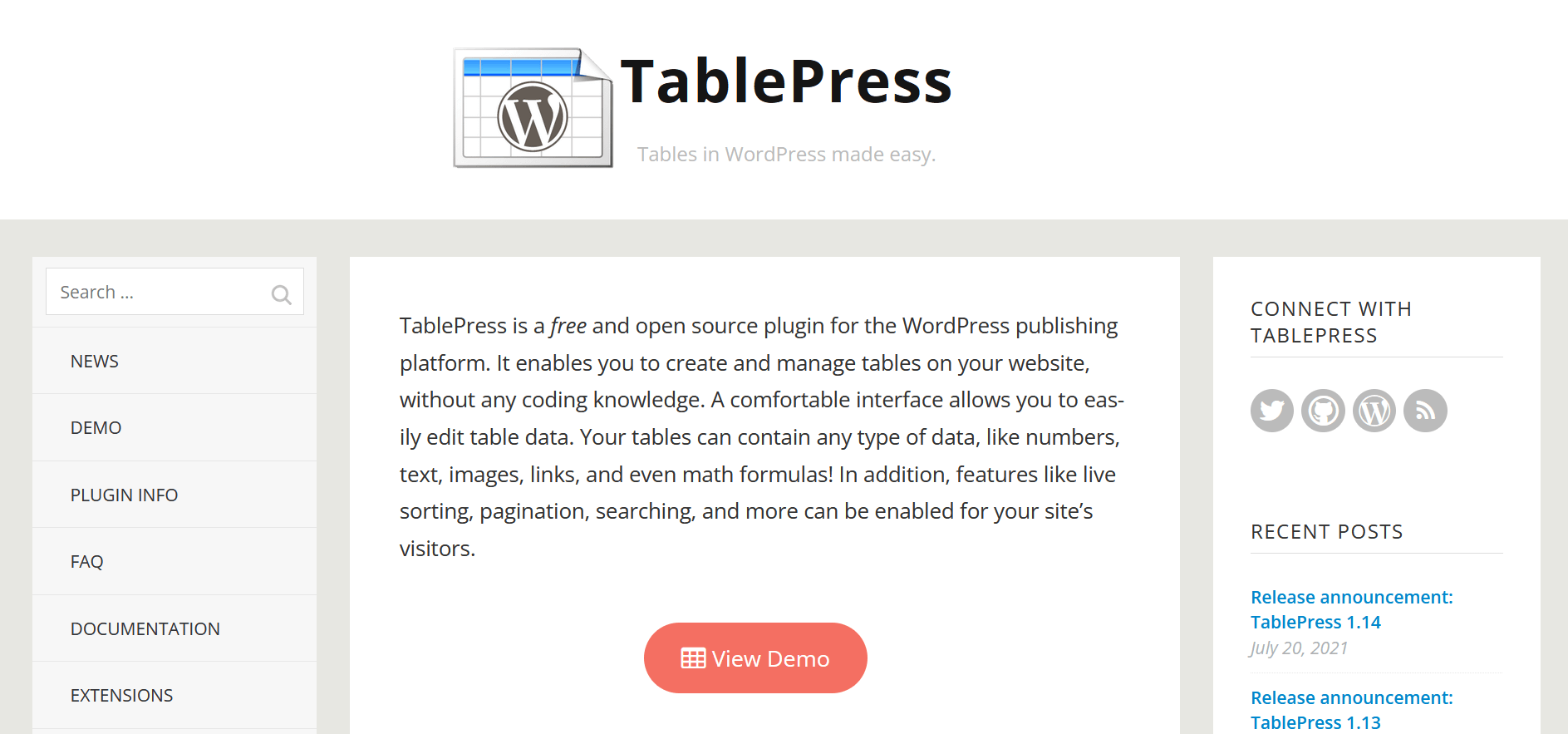 Screenshot der Website des Tabellen-Plugins „TablePress“
