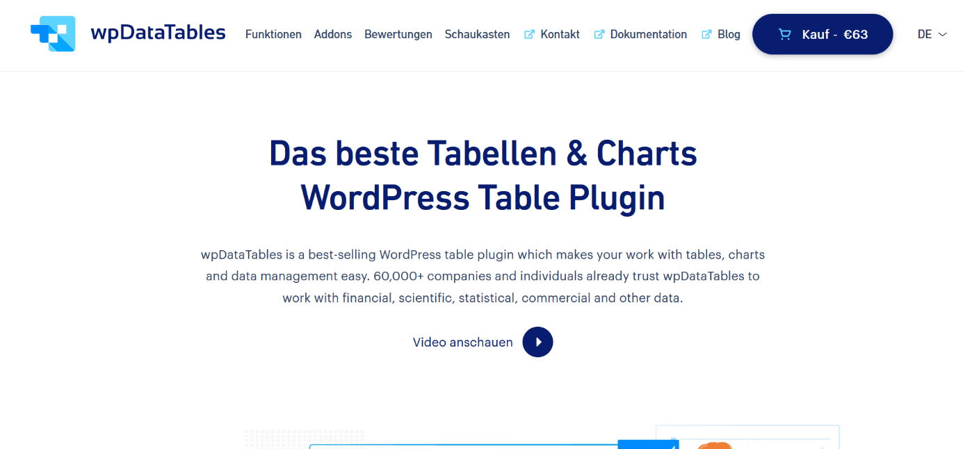 Screenshot der Website des Tabellen-Plugins „wpDataTables“