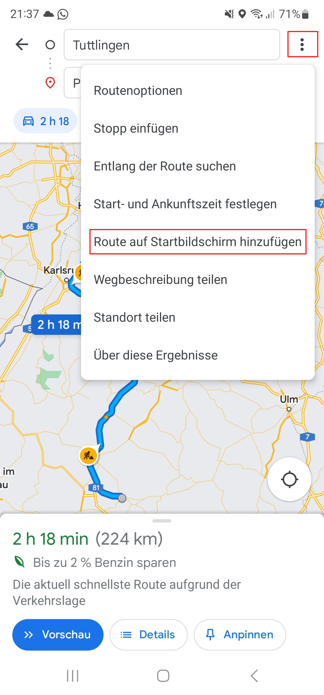 Screenshot der Funktionen der Google-Maps-App