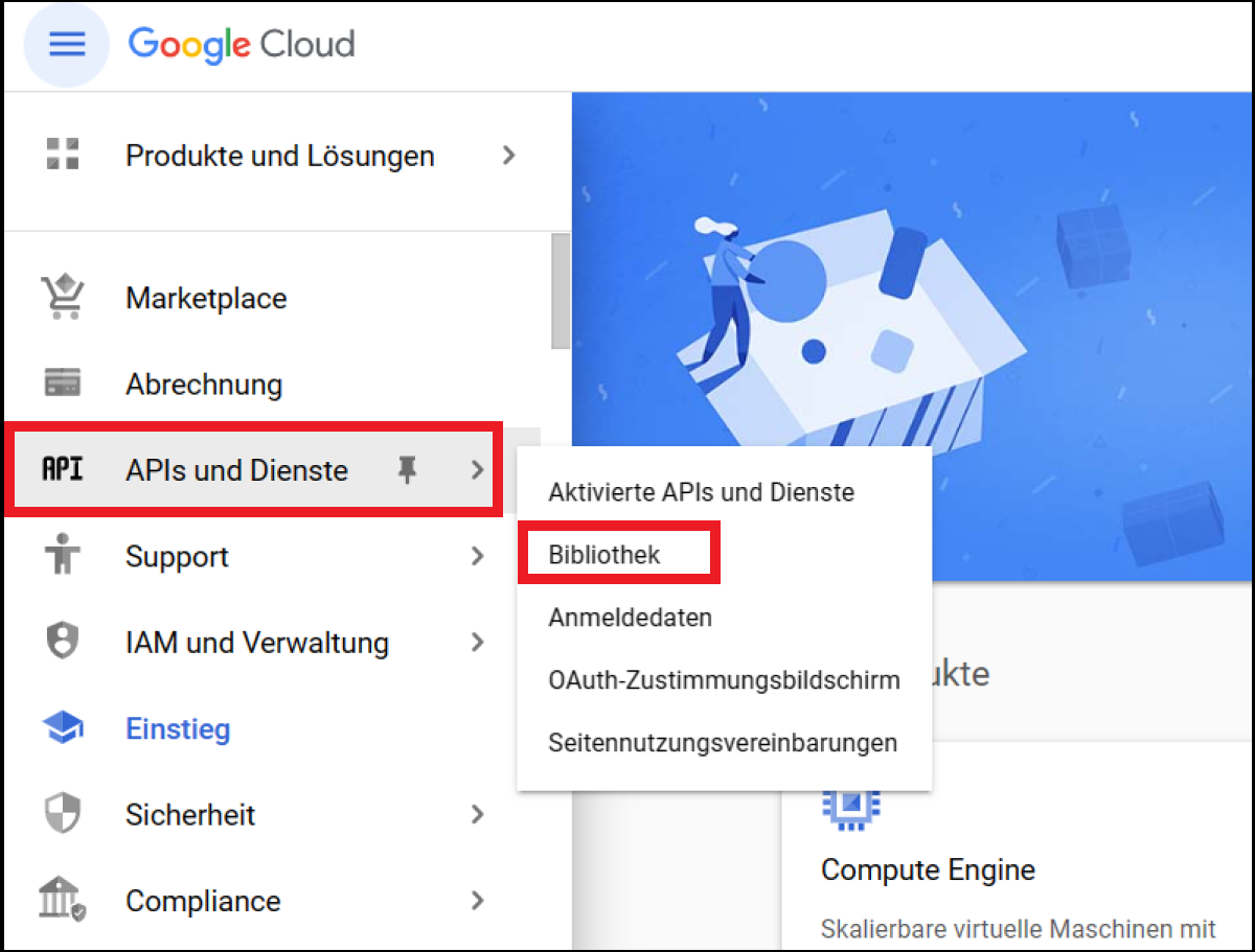 Google-Cloud-Menü mit „APIs & Services“ und „Bibliothek“