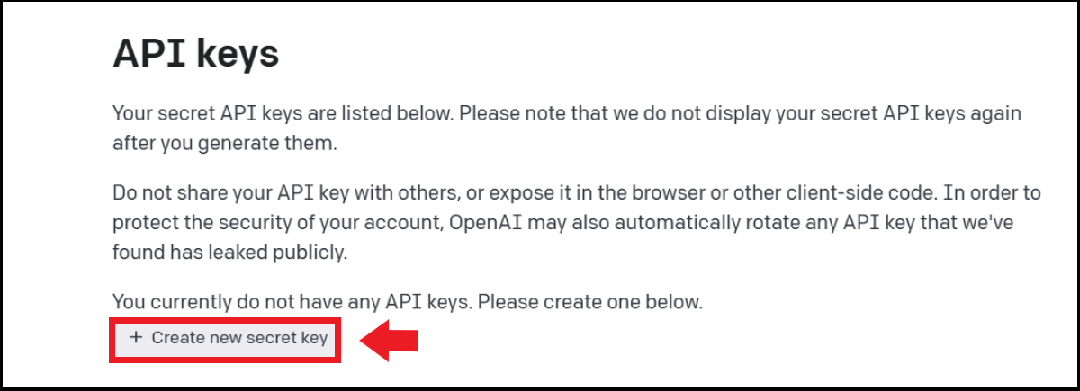 Der Punkt „Create new secret key“ im API Key-Menü