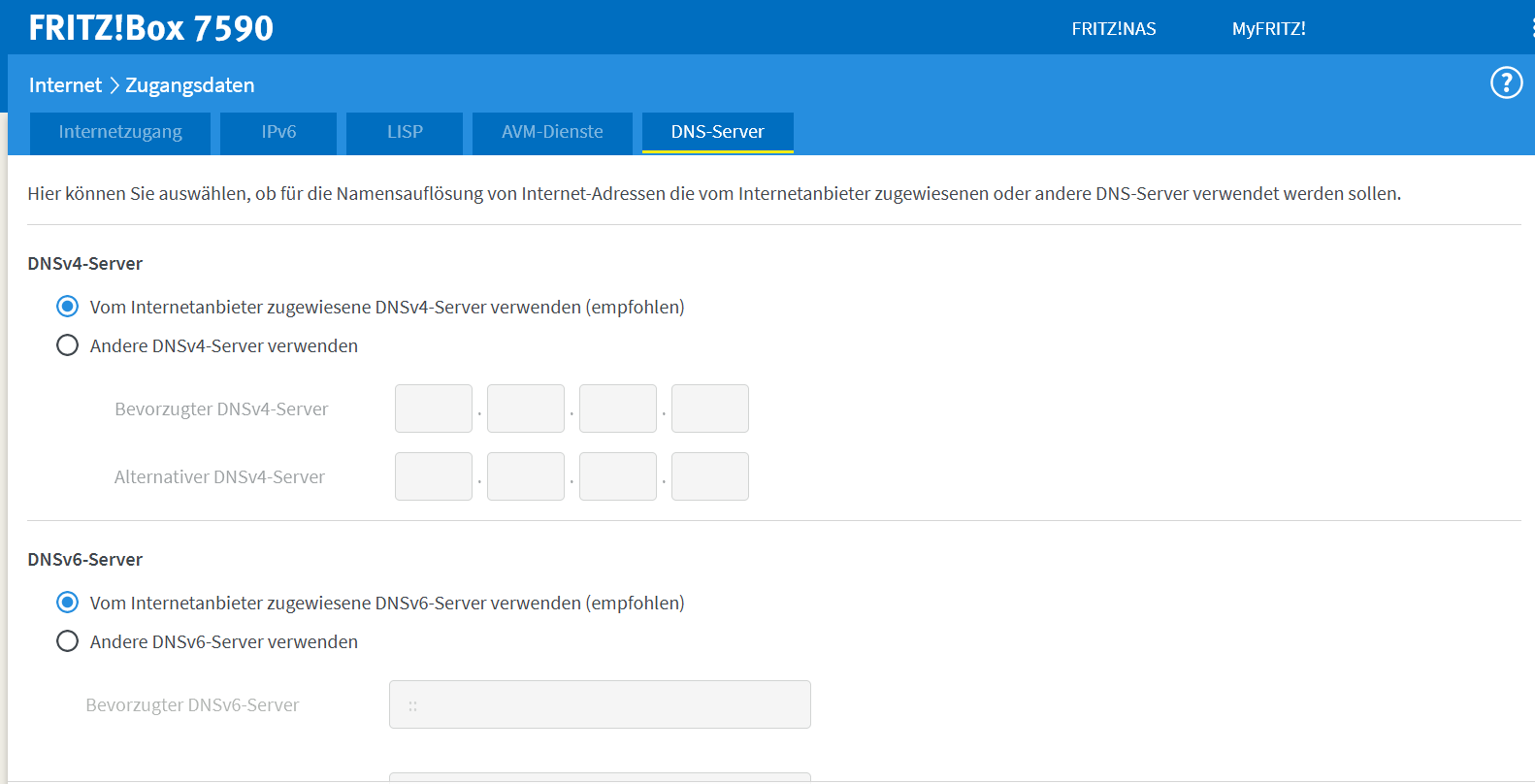 DNS-Einstellungen im Administrationsbereich einer Fritz!Box DNS-Einstellungen im Administrationsbereich einer Fritz!Box