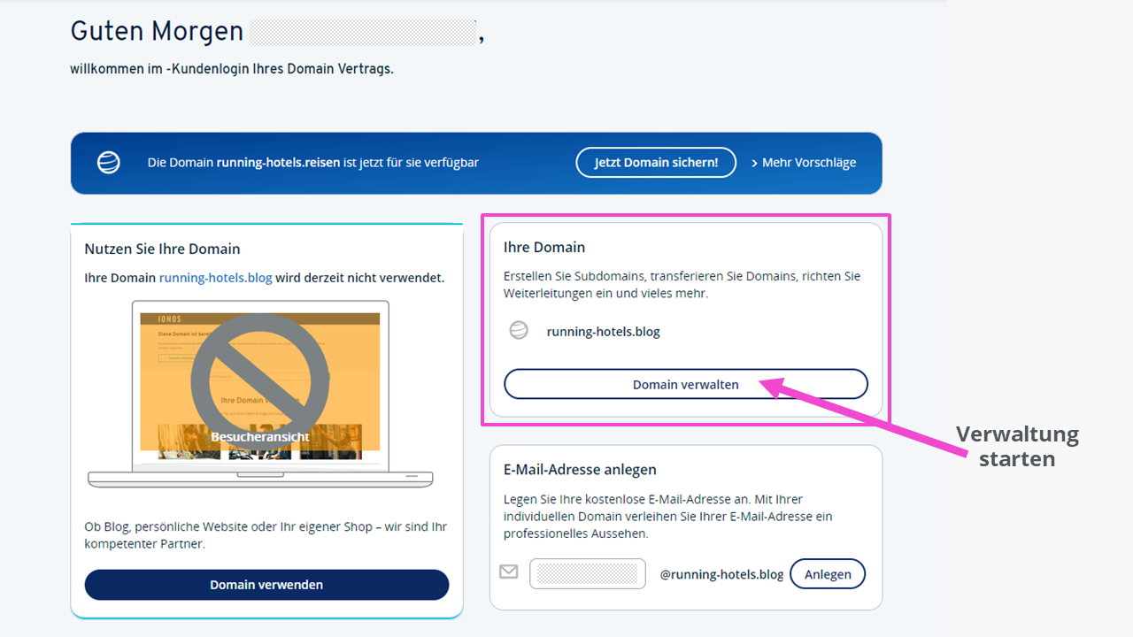 Ansicht „Domain Vertrag“ im Kunden-Login Ansicht „Domain Vertrag“ im Kunden-Login