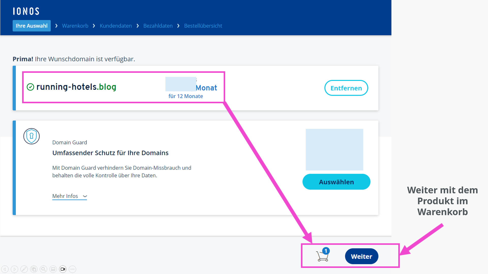 Ansicht „Domain verfügbar und im Warenkorb“ Ansicht „Domain verfügbar und im Warenkorb“