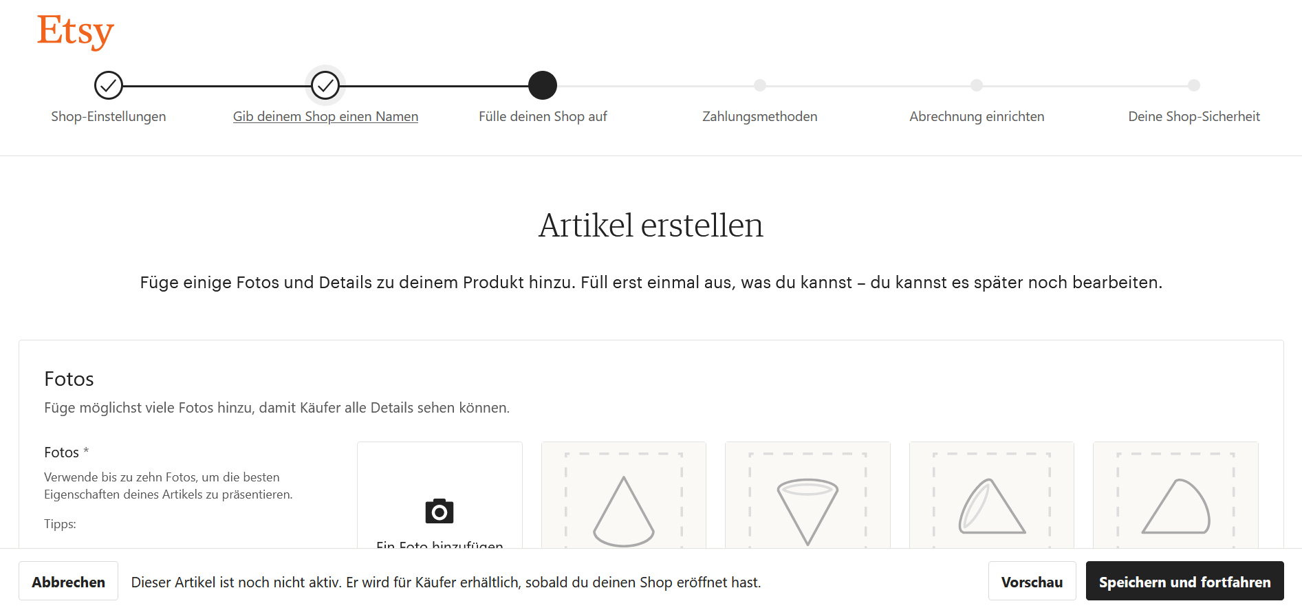 Screenshot der Artikelerstellung eines Etsy-Shops Screenshot der Artikelerstellung eines Etsy-Shops