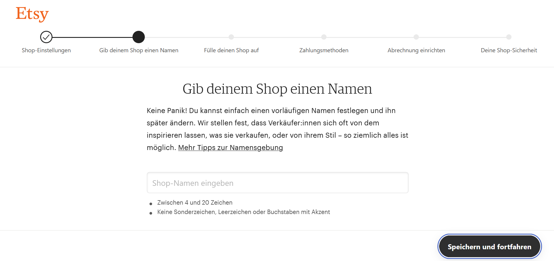 Screenshot der Seite zum Benennen eines Etsy-Shops Screenshot der Seite zum Benennen eines Etsy-Shops